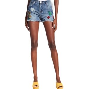 Dex Embroidered Distressed Denim Shorts with Raw Hem - Sz 28